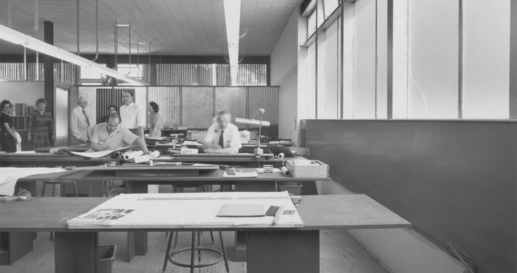 Interior of the Neutra Office building showing Richard Neutra and associates
