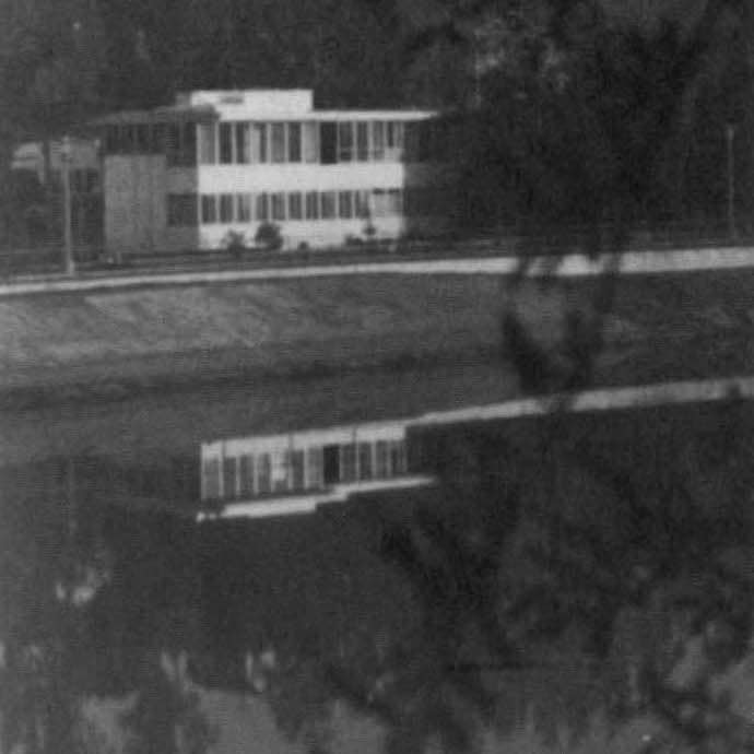 A view of VDL House reflected in Silver Lake